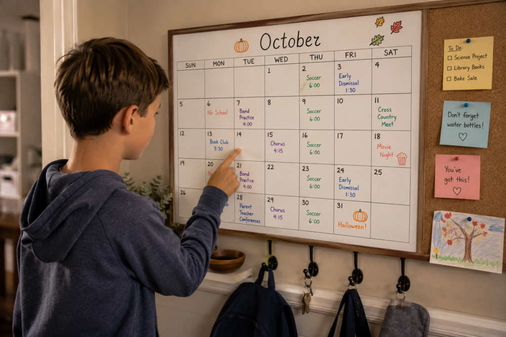 Boy checking an October calendar