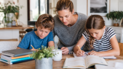 Mom helping son and daughter with homework