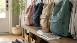 Four backpacks hanging on hooks