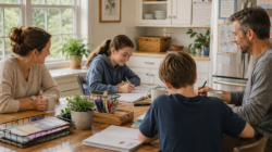 How to Create Flexible Family Routines cove image with a family sitting around a table.