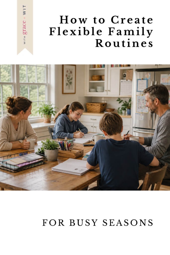 How to Create Flexible Family Routines cove image with a family sitting around a table.