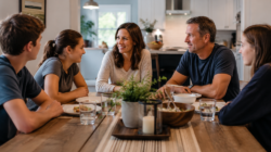 Family having a family meeting around a kitchen table.