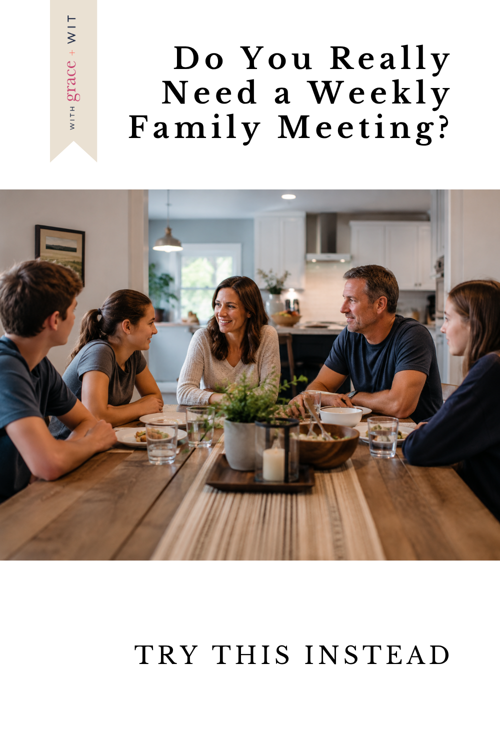 Family having a family meeting around a kitchen table.