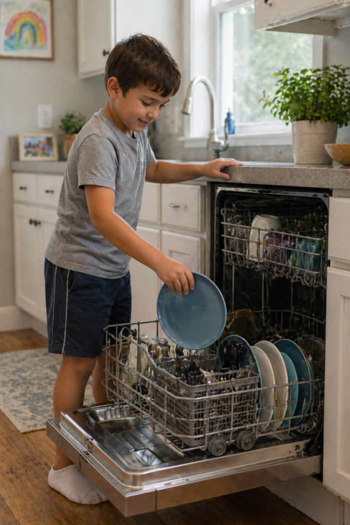 boy helping put a blue plate in the dishwasher.