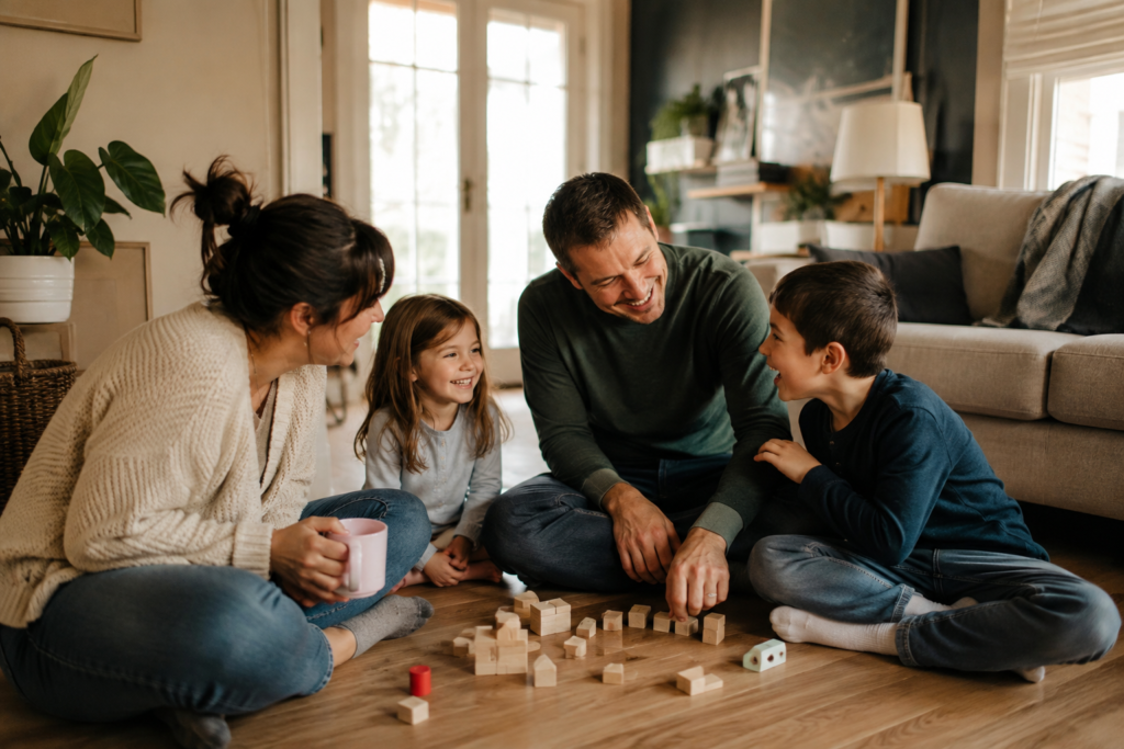 family playing together, sitting in a circle on the floor with a game. 
