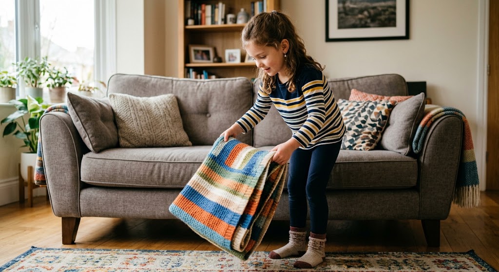 girl folding a colorful blanket in a living room. She is standing in front of the couch.