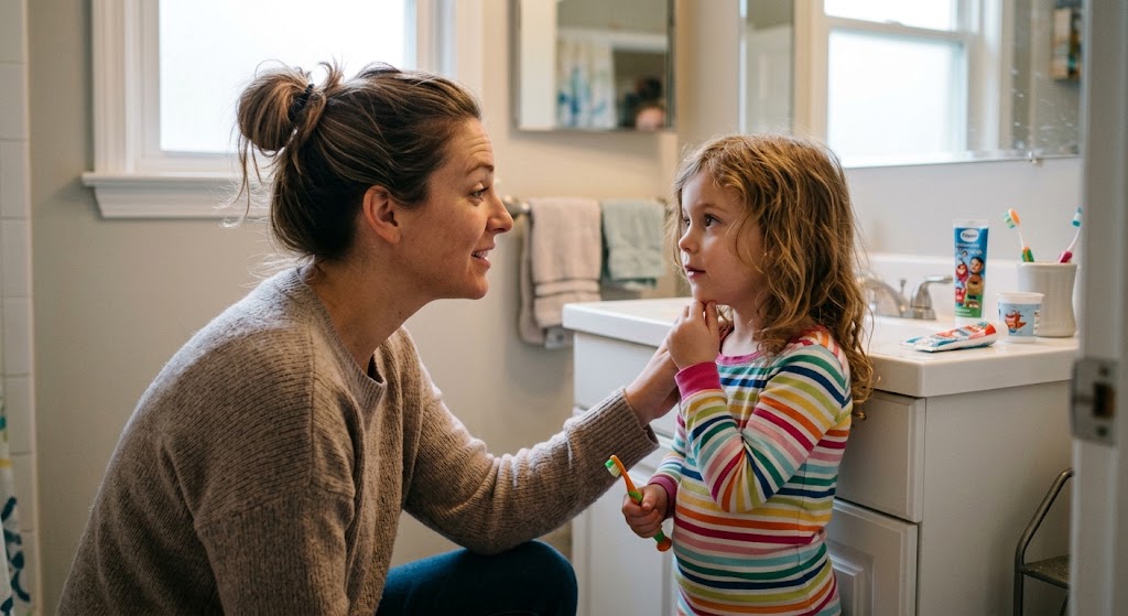 Mother talking to young girl about teeth brushing. The girl has a toothbrush in hand.