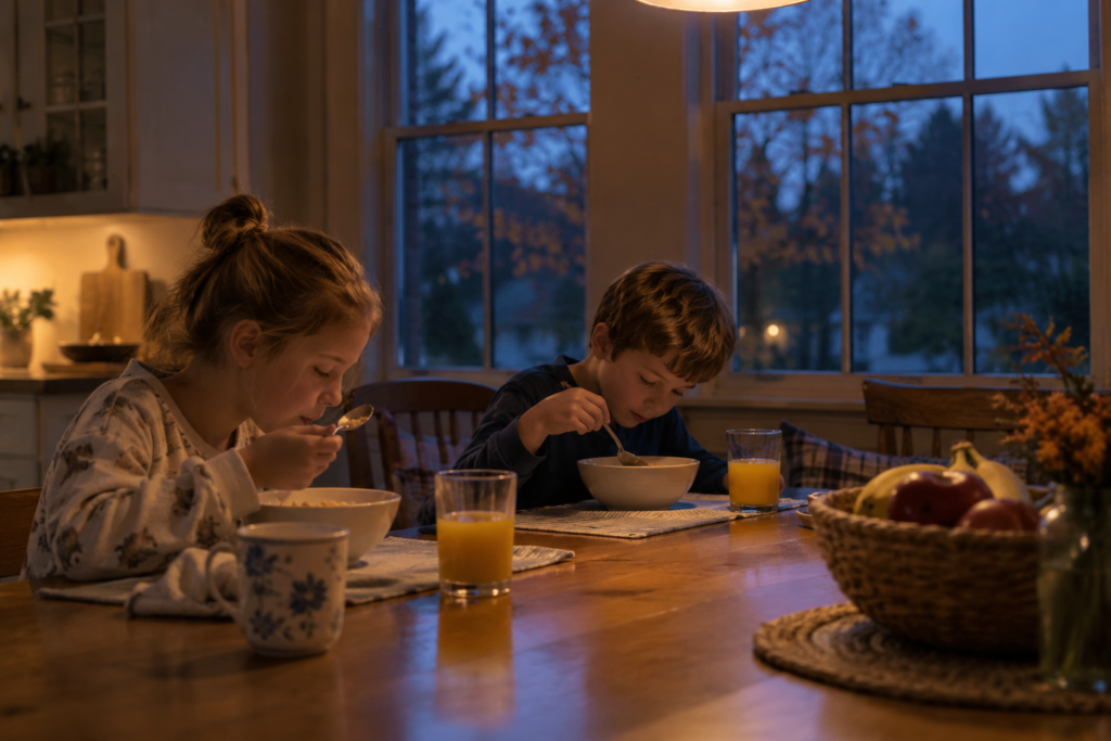 girl and boy eating breakfast in the early morning.