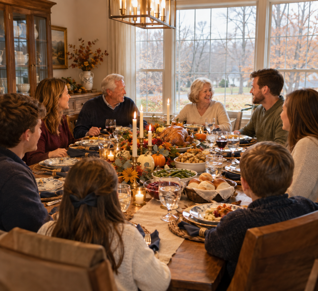 Multi-generational family sitting at a Thanksgiving table.