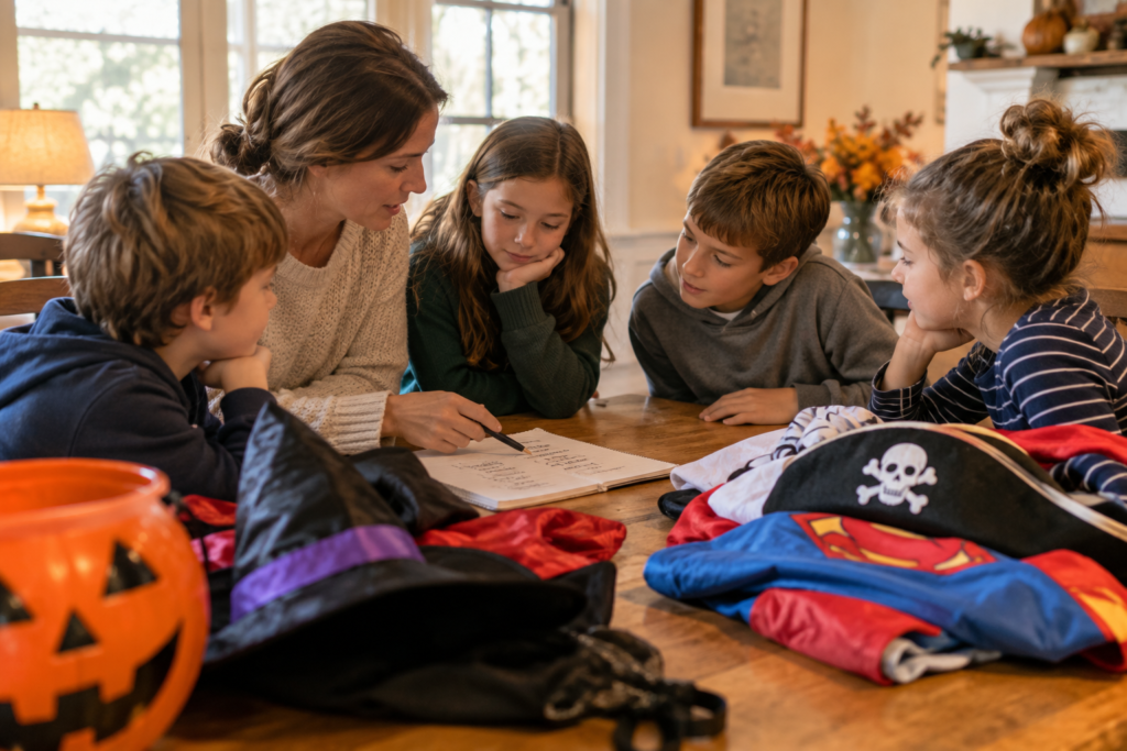 Mother planning Halloween costumes at the dinner table with four kids.