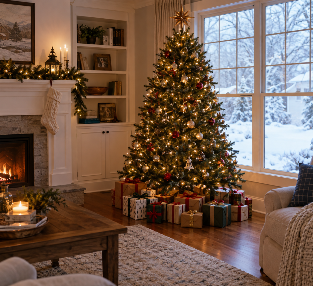A living room with a Christmas tree and presents