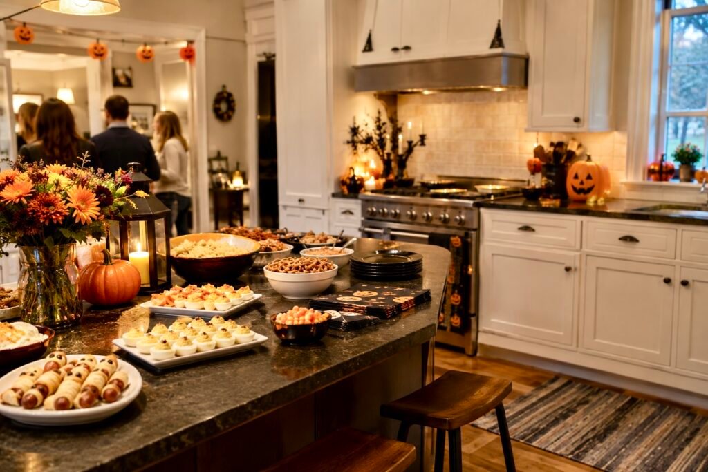 a kitchen set for a Halloween party. Guests are just coming in.