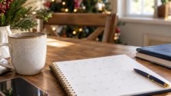 a calendar next to a table with Christmas decorations and a tree in the background