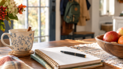 A fall day, with tea, a bowl of apples and a notebook to plan the upcoming holidays.