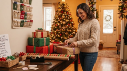a mom wrapping a Christmas gift.