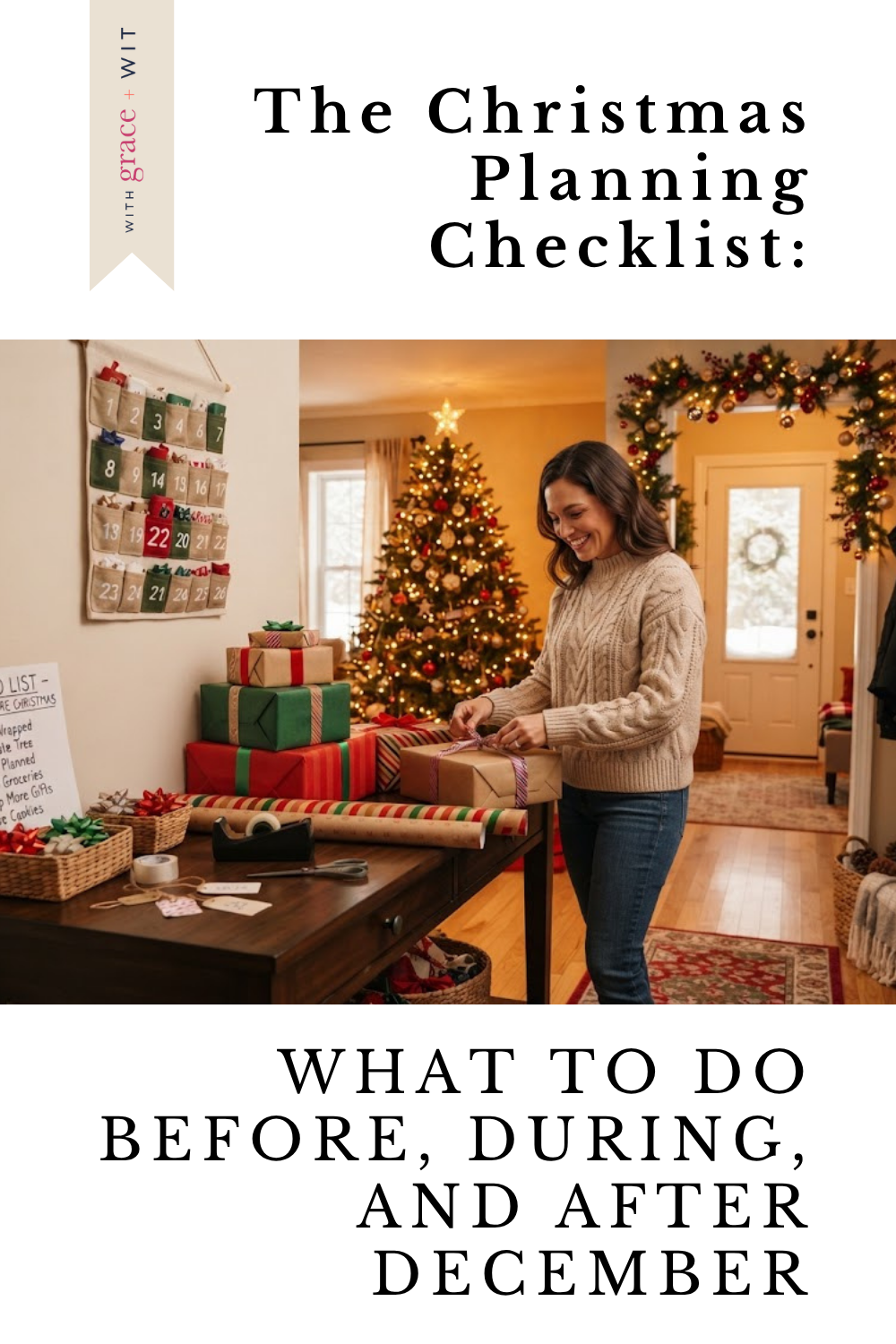 a mom wrapping a Christmas gift.