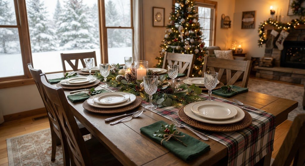 A dining table set at Christmas time. There is snow outside and a tree in the background.