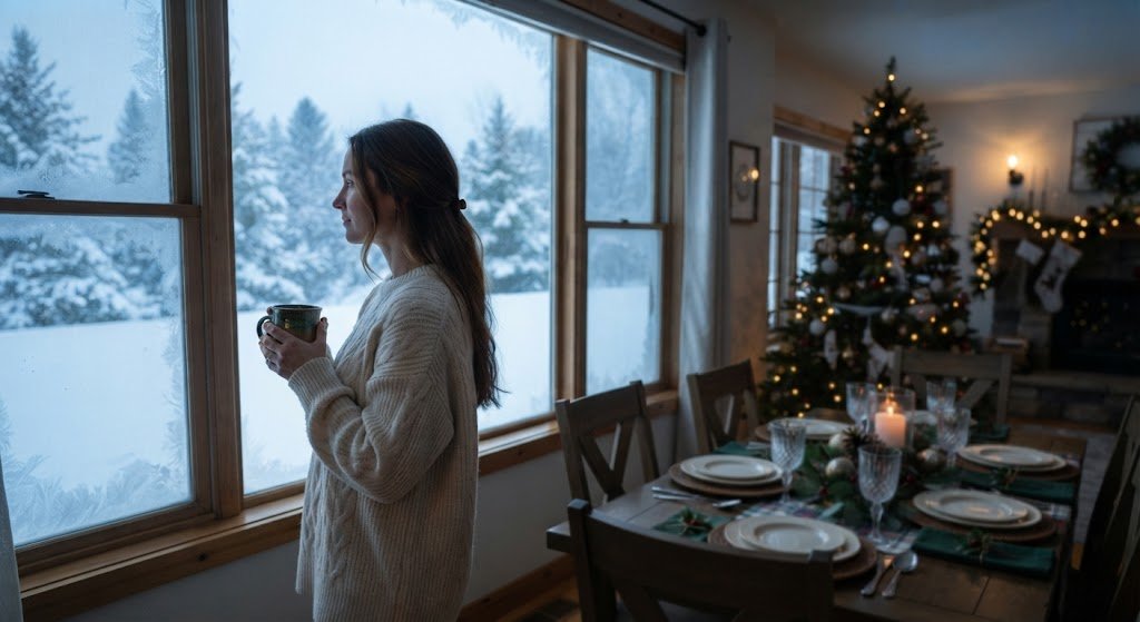 A woman looking outside on a snowy morning.