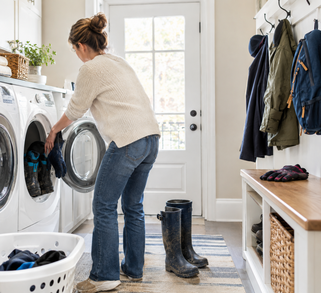 Woman putting boots into a dryer. She is in a mud room. Washer and dryer on the left, coats on a hook on the right.