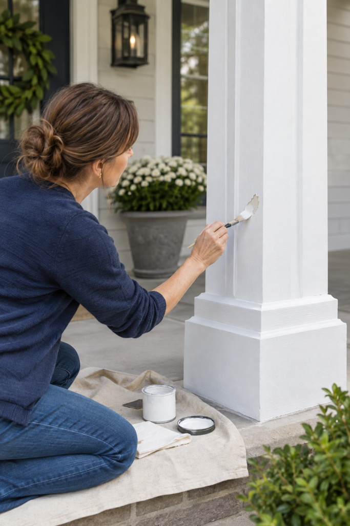 Woman painting a front porch post.