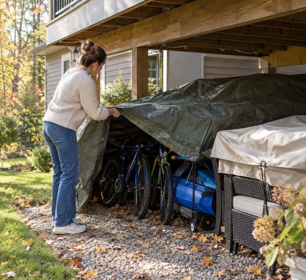 Woman putting bikes under a tarp, under a deck. Preparing for Winter.