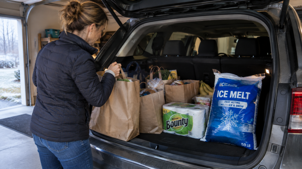 Mother taking groceries out of car.