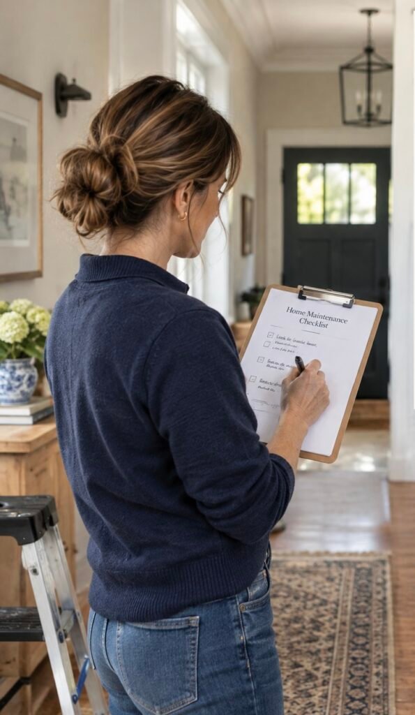 Woman going through a home maintenance checklist.
