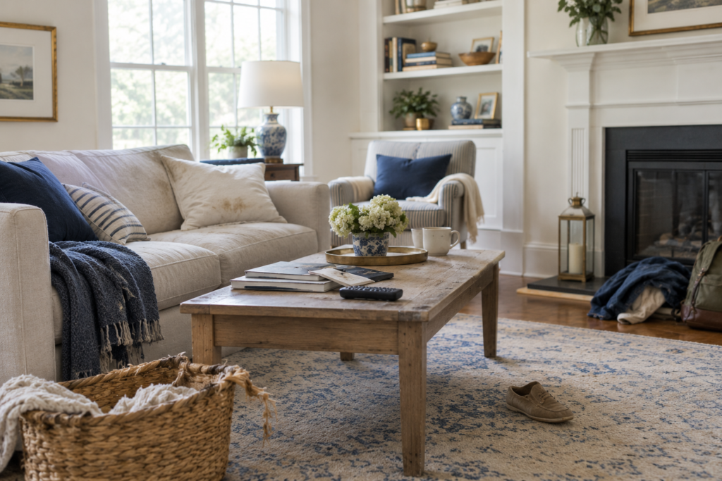 a living room with slightly stained pillows, a frayed basket, but is clean and orderly.