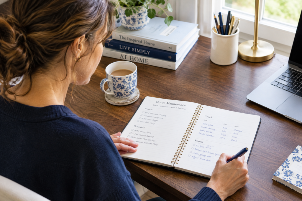 Woman writing down home maintenance information.