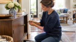 Woman fixing a cabinet door while doing routine home maintenance.