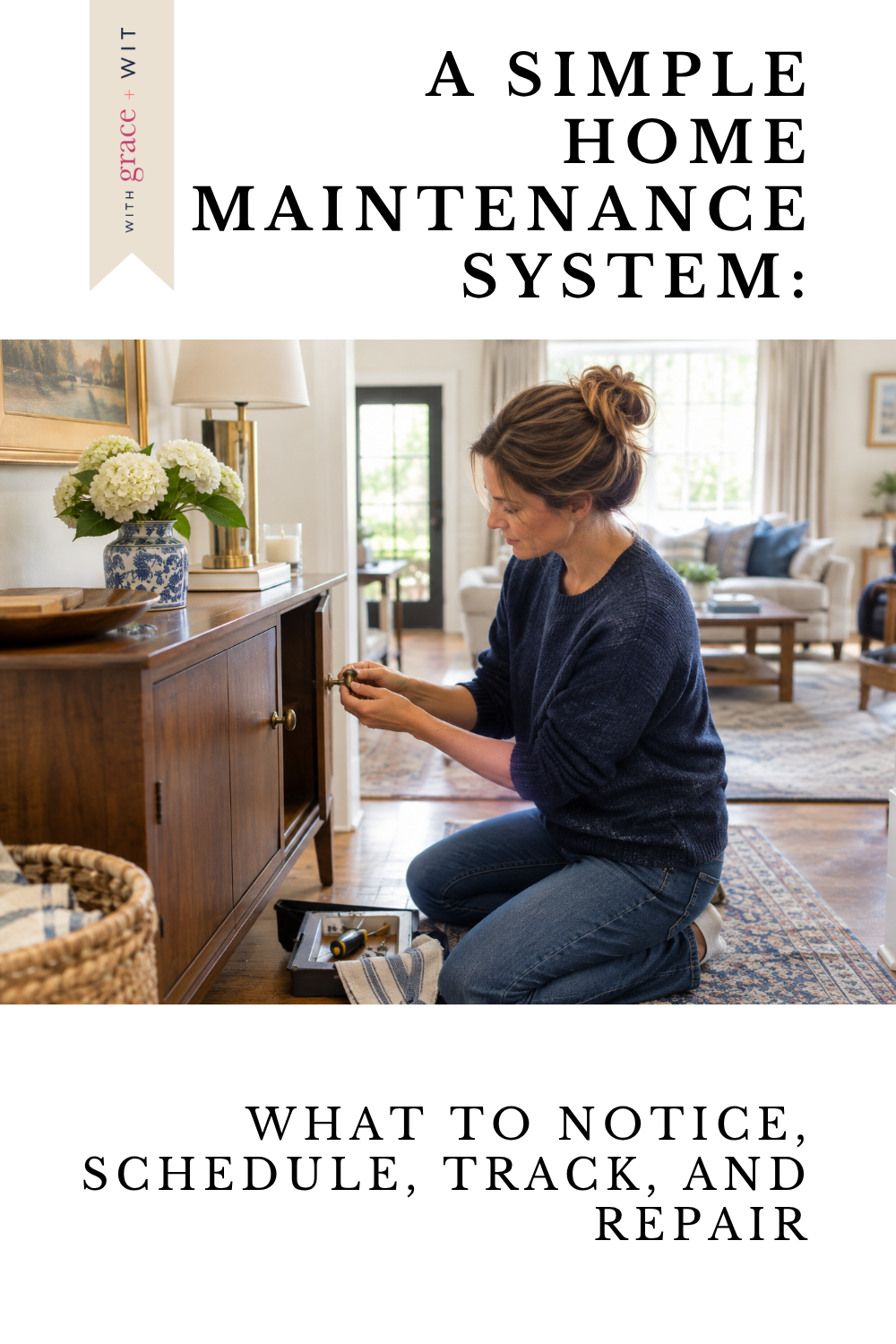 Woman fixing a cabinet door while doing routine home maintenance.