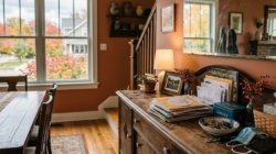 A clean dining room table with a cluttered buffet.