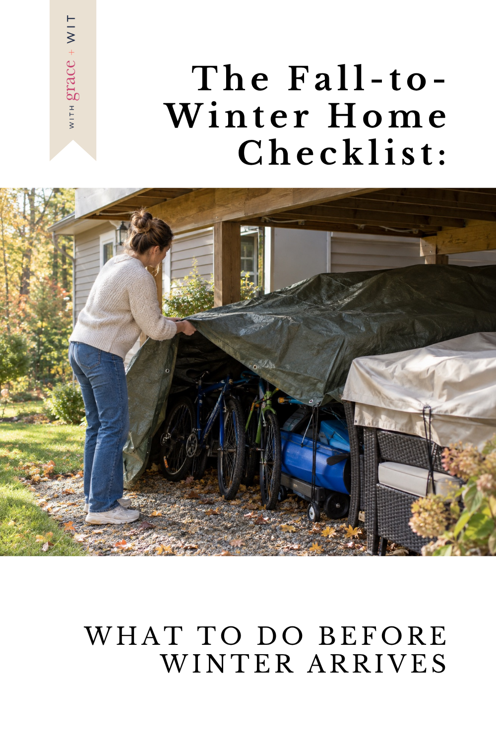 Woman putting a tarp over summer equipment, like bikes. They are under a deck.
