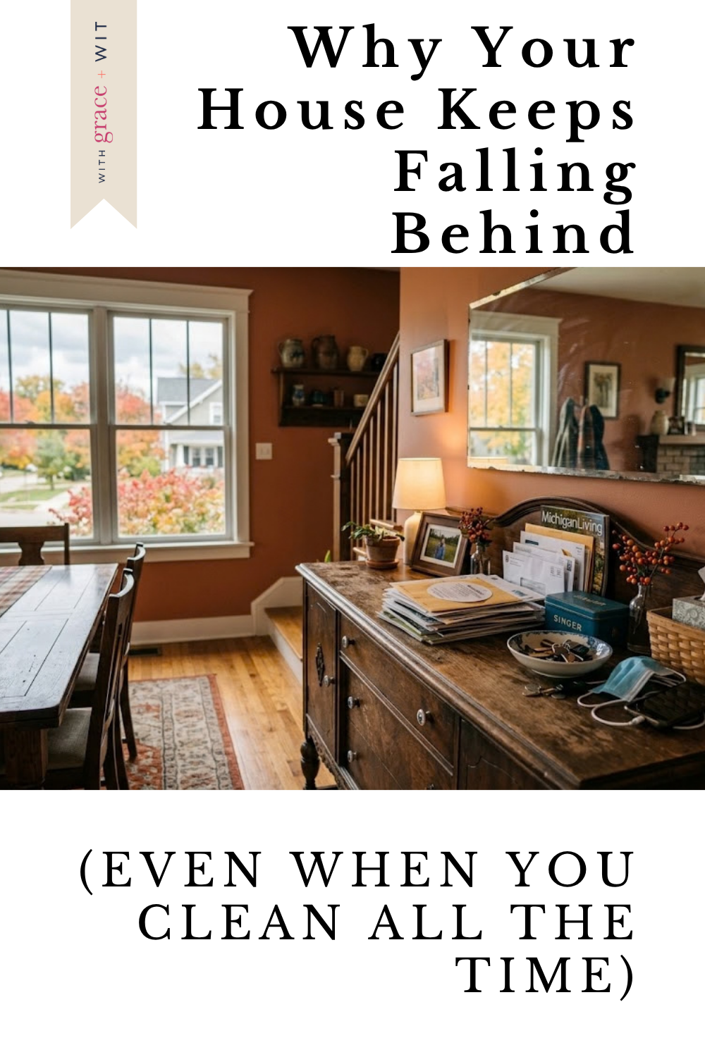 A clean dining room table with a cluttered buffet.