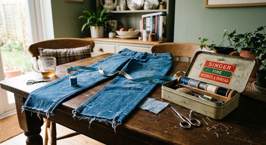 A pair of jeans on a table waiting to be hemmed. There is a sewing box open nearby.